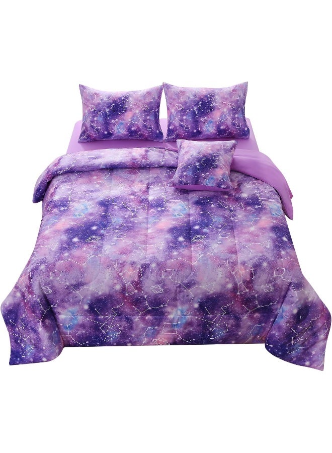JQinHome Full Gradient Galaxy Comforter Set for Girls, 6 Piece Bed in A Bag 3D Colorful Tie Dye Constellation Print Ombre Bedding Set with Pillowcase, Flat & Fitted Sheet, Cushion Cover (Purple) - Image 2